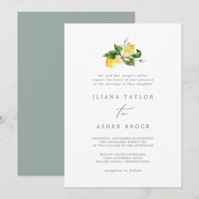 Moderne Lemon Garden Traditionelle Hochzeit Einladung (Vorne/Hinten)