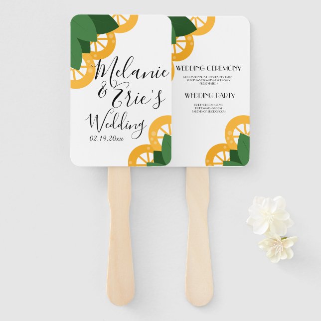Moderne Lemon-Scheiben und Blätter Hochzeitsprogra Fächer (Vorne und Hinten)