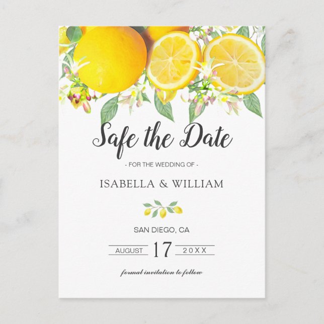Moderne Lemon-Sommerhochzeit rettet das Datum Ankündigungspostkarte (Vorderseite)