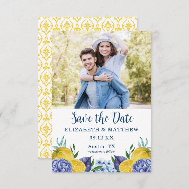 Moderne Lemon-Sommerhochzeit rettet das Datum Save The Date (Vorne/Hinten)