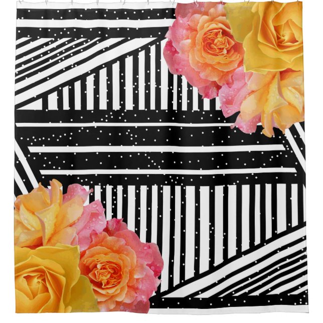Moderne Lemonade Rose Schwarz-Weiß Streifen Duschvorhang (Vorderseite)