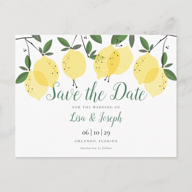 Moderne Lemons Elegant Save the Date Postkarte (Vorderseite)