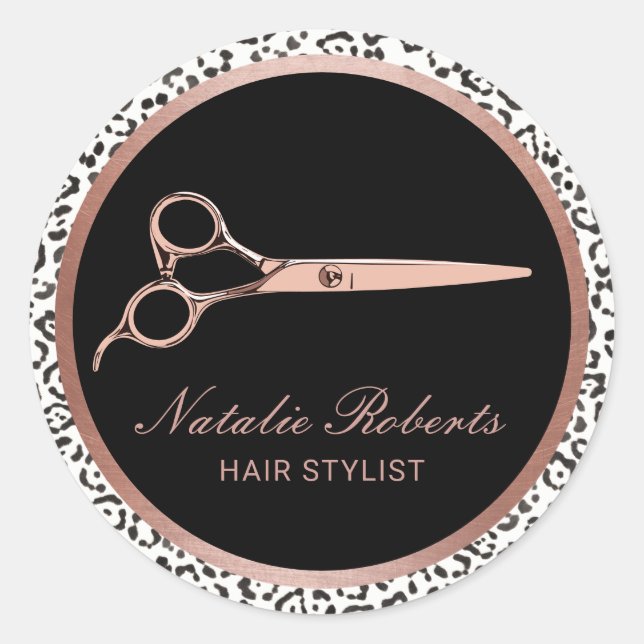 Moderne Leopard Haar Stylist Rose Gold Schere Runder Aufkleber (Vorderseite)
