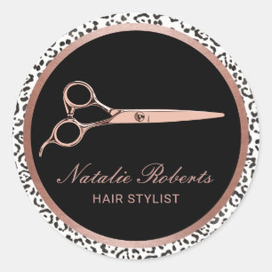 Moderne Leopard Haar Stylist Rose Gold Schere Runder Aufkleber