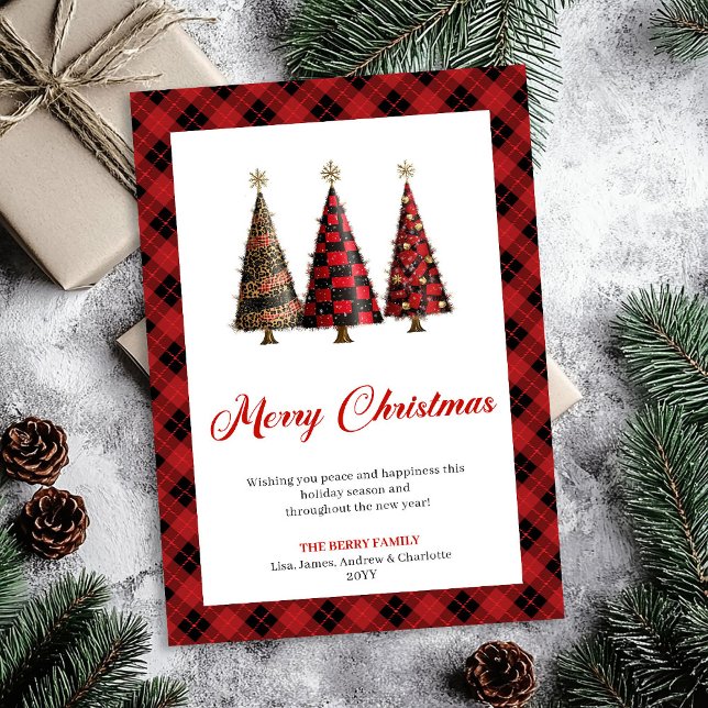 Moderne Leopard-Weihnachtsbaum-Büffelkariert Karte (Buffalo Christmas trees greeting card,
Red black plaid tartan Christmas,
Personalized watercolor Chr)