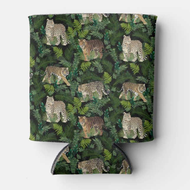 Moderne Leopards Tigers Jungle Pflanze Black Desig Dosenkühler (Vorderseite)