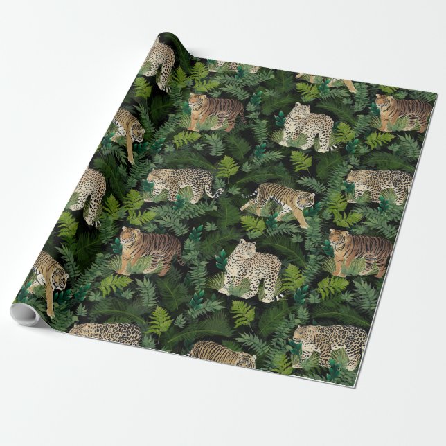 Moderne Leopards Tigers Jungle Pflanze Black Desig Geschenkpapier (Ungerollt)