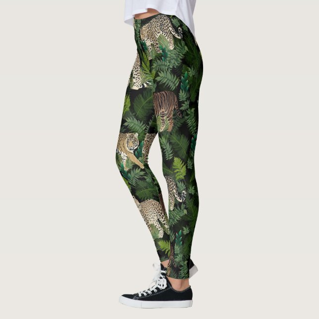 Moderne Leopards Tigers Jungle Pflanze Black Desig Leggings (Links)