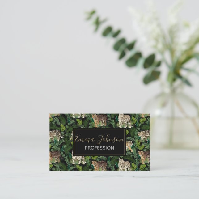 Moderne Leopards Tigers Jungle Pflanze Black Desig Visitenkarte (Stehend Vorderseite)