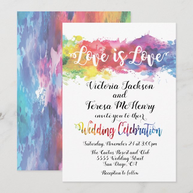 Moderne Lesbische Hochzeit mit Gay Watercolor Einladung (Vorne/Hinten)
