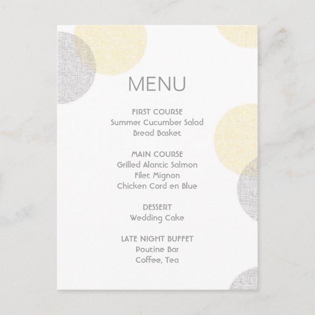 Moderne "Letterpress Style Circle Wedding Menu Car Postkarte (Vorderseite)