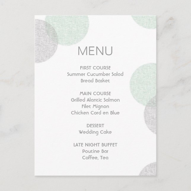 Moderne "Letterpress Style Circle Wedding Menu Car Postkarte (Vorderseite)