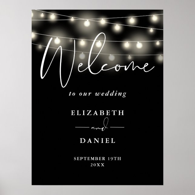 Moderne Lichterkette Hochzeit Willkommensschild Poster (Vorne)