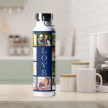 Moderne Liebe 10 Foto Collage Blue Trinkflasche<br><div class="desc">Eine marineblaue Wasserflasche zum Feiern Ihrer Familie oder anderer,  die Sie Liebe mit einer 10-Foto-Collage und "LIEBE" geschrieben in der Mitte in eleganter weißer Typografie.</div>