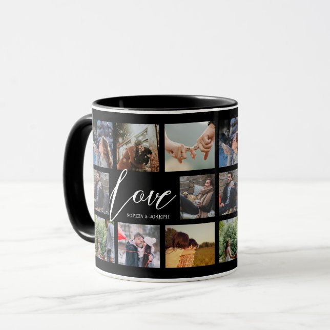 Moderne Liebe 8 Foto Collage Valentine Paar Black Tasse (Vorderseite Links)