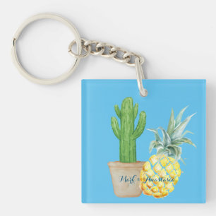Moderne Liebe Blaue Ananas und Kakteen Schlüsselanhänger