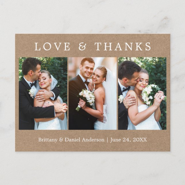 Moderne Liebe dank 3 Foto Wedding Kraft Postkarte (Vorderseite)