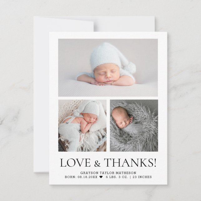 Moderne Liebe & Dank Baby Foto Grid Birth Stat Dankeskarte (Vorderseite)