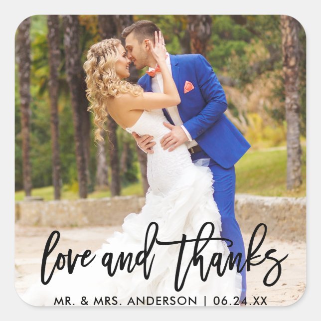 Moderne Liebe für Pinselskripte und Dank Hochzeit Quadratischer Aufkleber (Vorderseite)