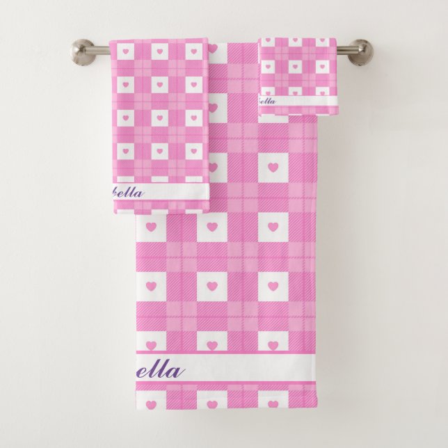 Moderne Liebe Kariert rosa Herzenskollektion Badhandtuch Set (Insitu)