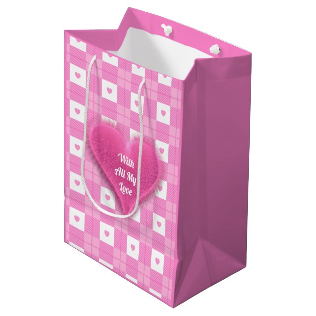 Moderne Liebe Kariert rosa Herzenskollektion Mittlere Geschenktüte (Vorderseite Schrägansicht)