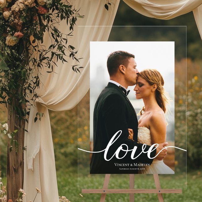 Moderne Liebe Script Custom Foto Akryllische Hochz Acrylschild (24 x 36 vertical WEDDING welcome custom PHOTO, names and date acrylic sign with love script)