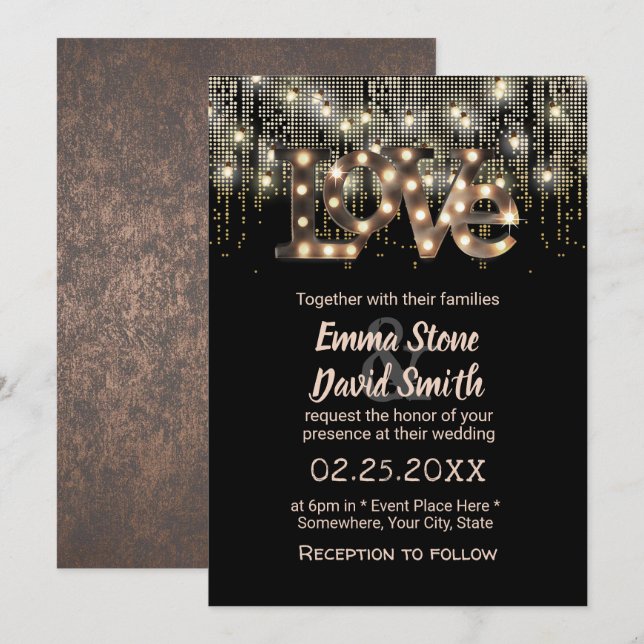 Moderne Liebe Sign & String Lights Hochzeit Einladung (Vorne/Hinten)