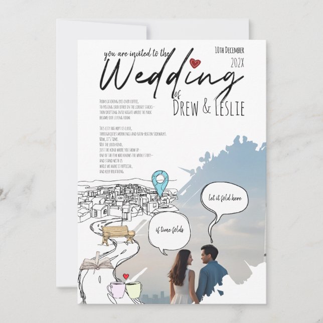 Moderne Liebe Story Timeline Illustriert Hochzeit Einladung (Vorderseite)