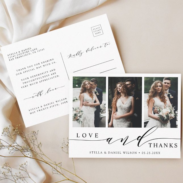 Moderne Liebe und danke 3 Foto Wedding Vielen Dank Postkarte (Front & Back)