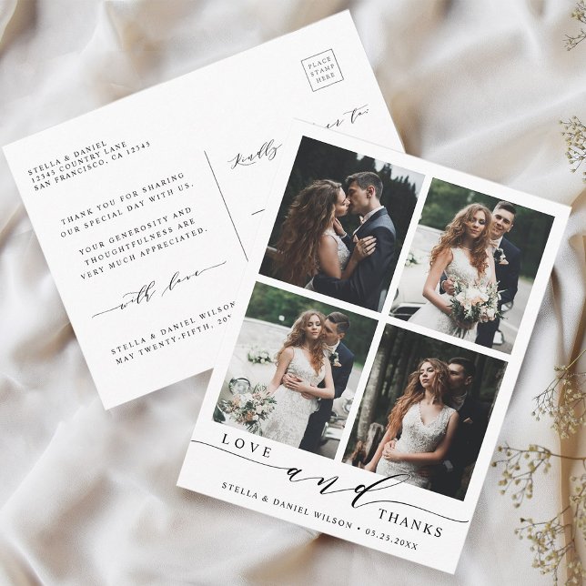 Moderne Liebe und danke 4 Foto Wedding Vielen Dank Postkarte (Front & Back)
