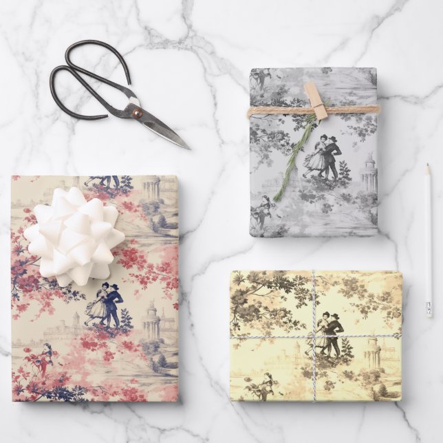 Moderne Liebe Valentine Red Toile de Jouy Pattern Geschenkpapier Set (Vorderseite)