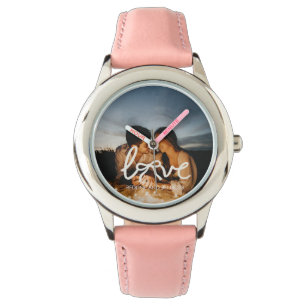 Moderne Liebes-Bogen-Typografie-Paar-Foto-Uhr Armbanduhr