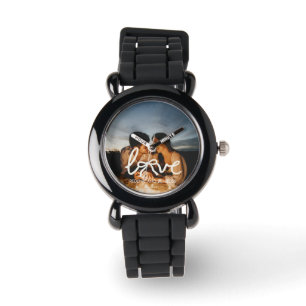 Moderne Liebes-Bogen-Typografie-Paar-Foto-Uhr Armbanduhr