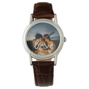 Moderne Liebes-Bogen-Typografie-Paar-Foto-Uhr Armbanduhr