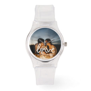 Moderne Liebes-Schleifen-Typografie-Paar-Foto-Uhr Armbanduhr