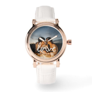 Moderne Liebes-Schleifen-Typografie-Paar-Foto-Uhr Armbanduhr