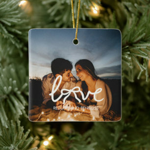 Moderne Liebes-Schleifen-Typografie-Paar-Foto-Uhr Keramikornament