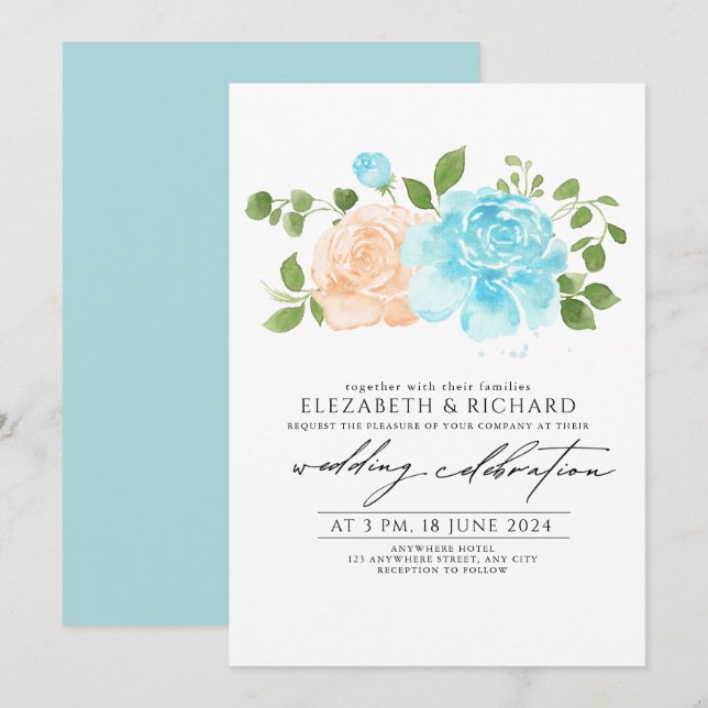 Moderne Light Blue Peach floral Bouquet Wedding Einladung (Vorne/Hinten)