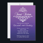 Moderne Lila 16 . Geburtstag Geburtstagspartei Einladung<br><div class="desc">Starten Sie Ihre Töchter 16 . Geburtstag Party direkt mit unserer schönen Ombre und extravaganten geblüht 16 . Geburtstag Party Einladung. Unser stilvolles und zeitgenössisches, süßes 16-Party Einladung-Set mit Vintagem Damast-Akzent-Rahmen auf einem modernen, ombre-lila Hintergrund. Umdreh die Einladung nach oben, um einen passenden Rücken für eine besondere Touch zu finden....</div>