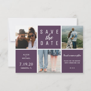 Moderne lila 3-Foto Collage Hochzeit Save The Date