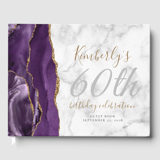 Moderne Lila Agate Gold Script Marble Geburtstag Gästebuch (Vorderseite)
