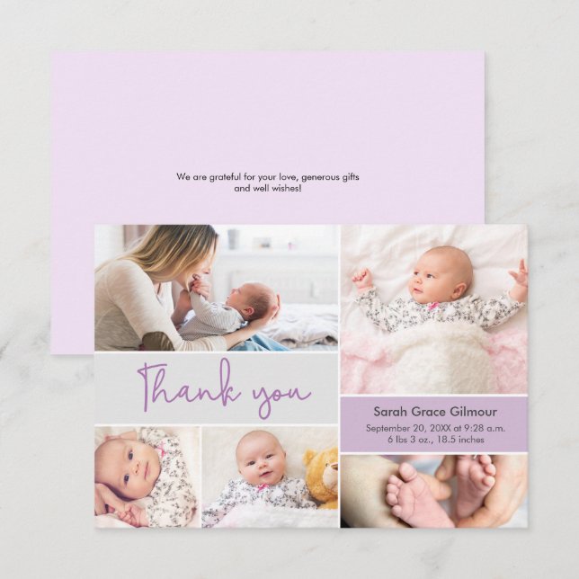 Moderne Lila Baby Girl Custom Foto Collage Dankeskarte (Vorne/Hinten)