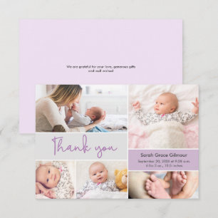 Moderne Lila Baby Girl Custom Foto Collage Dankeskarte
