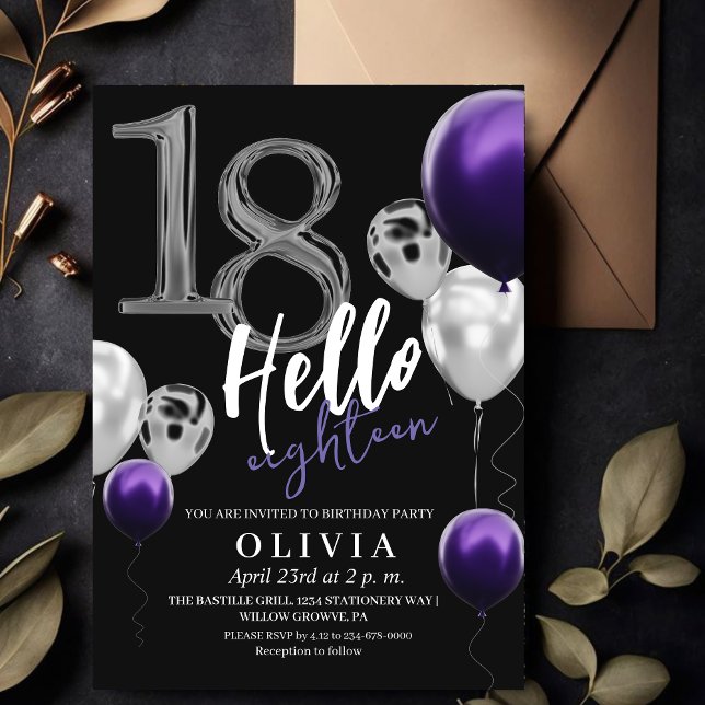 Moderne Lila Balloons aus schwarzem Silber zum 18. Einladung (Von Creator hochgeladen)