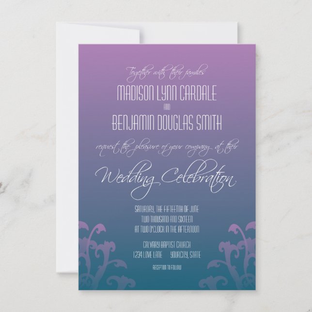Moderne Lila Blue Blüh Hochzeit Einladungen (Vorderseite)