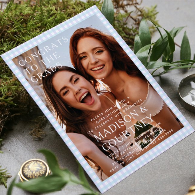 Moderne Lila Blue Gingham Foto Graduation Party Einladung (Von Creator hochgeladen)