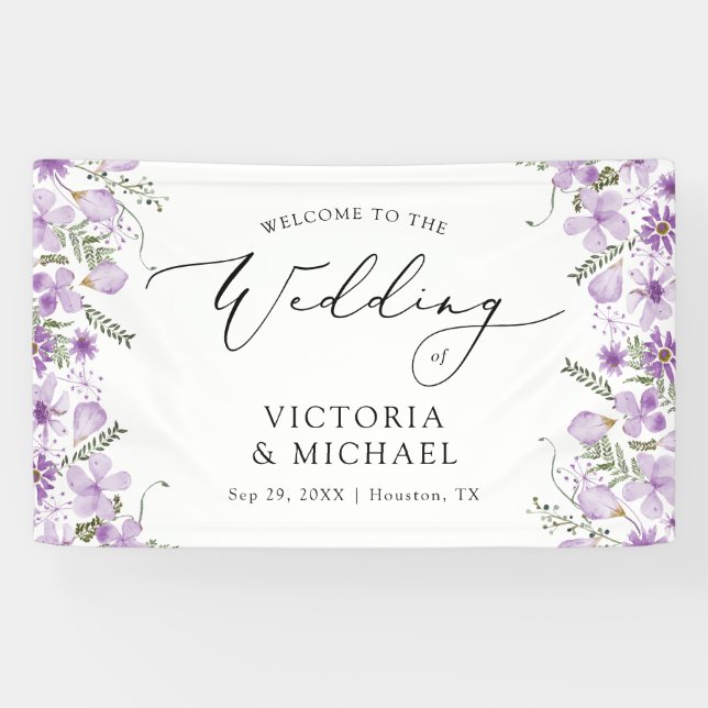 Moderne Lila Blumen Herzlich willkommen bei Hochze Banner (Horizontal)