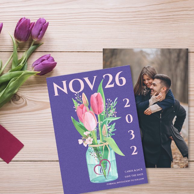Moderne Lila Blumenhochzeit rettet das Datum Ankündigung (Modern Purple Floral Photo Wedding Save the Date Announcement)