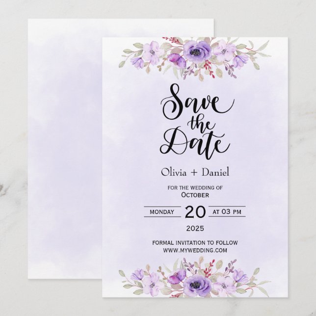 Moderne Lila Blumenhochzeit rettet das Datum Einladung (Vorne/Hinten)