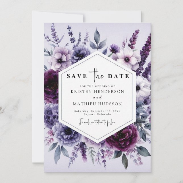 Moderne Lila Blumenhochzeit Save The Date (Vorderseite)